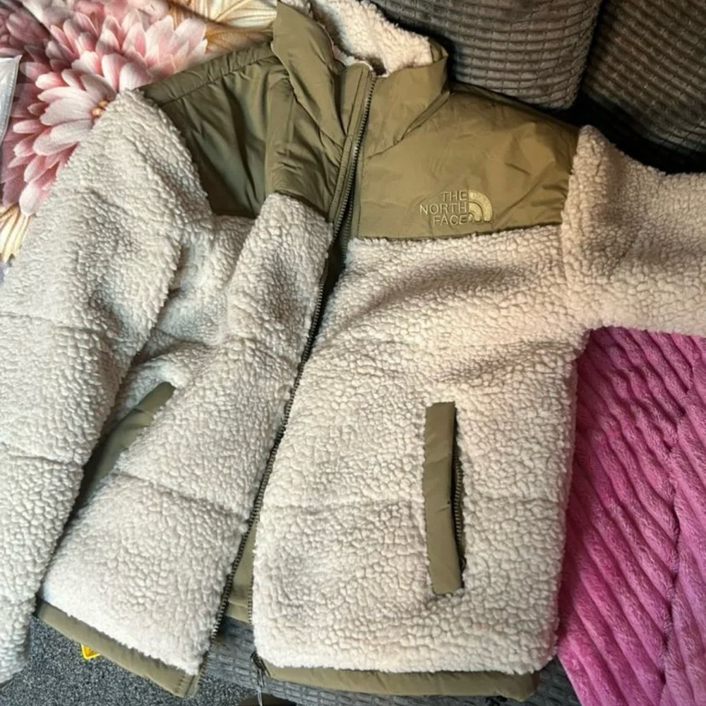 The North Face Olive and Cream Sherpa Jacket reversible